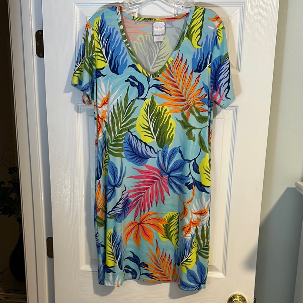 Stella Parker Tropical Leaf Print V-Neck Dress Size L